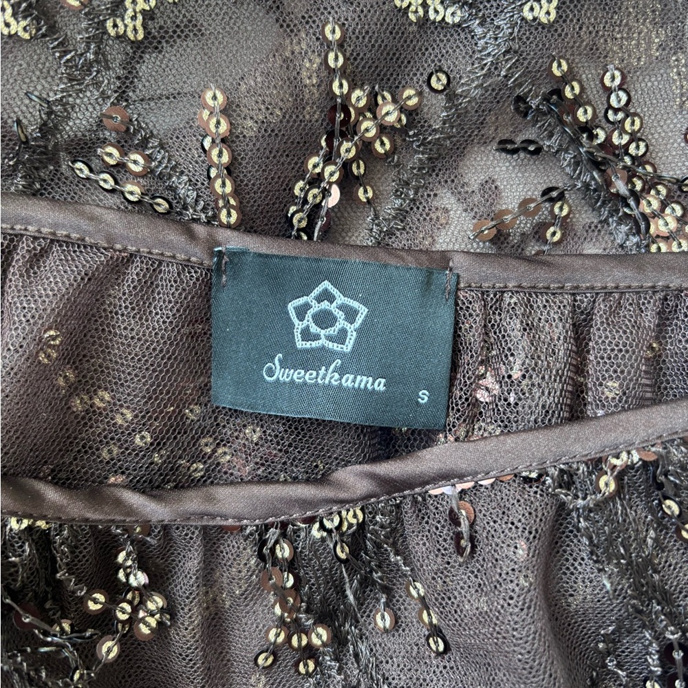 NWT Simons Chocolate Brown Sequin Lace Sequin Sparkly tulle Midi Skirt Size S - Picture 6 of 15